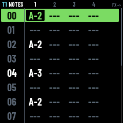 L'écran PATTERN, vue des notes : une ligne par step, quatre colonnes de notes